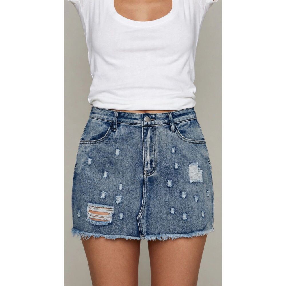 Distressed Denim Mini Skirt Acid Wash Frayed Hem Ripped Y2K NWT Size L 8/10